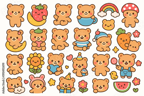 Cute cartoon bears with fruits and flowers: whimsical illustrations