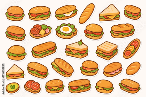 Assorted cartoon sandwiches and burgers in various styles