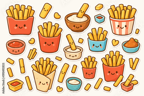 Cute cartoon french fries and dipping sauces with smiling faces