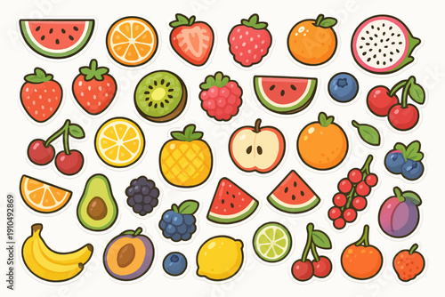 Colorful cartoon fruit collection with watermelon, kiwi, berries, and more