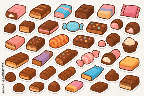 Assorted cartoon candies and chocolate bars in colorful wrappers on white background