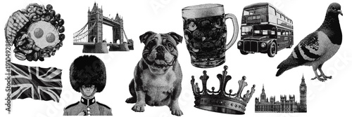 Set of Great Britain halftone grunge vector design elements.
