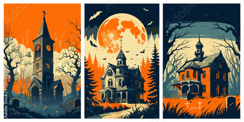 A triptych of spooky halloween scenes featuring churches a mansion and a full moon