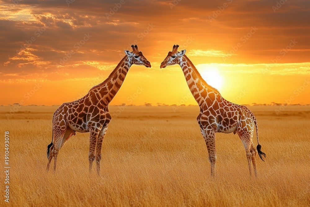 Fototapeta premium two giraffes standing face to face in golden savannah at sunset with warm, peaceful and affectionate atmosphere