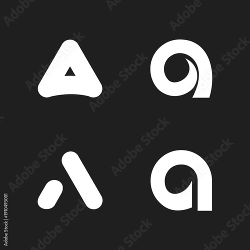 Four Abstract Letter A Logos in White on Black Background, Modern Graphic Design Elements