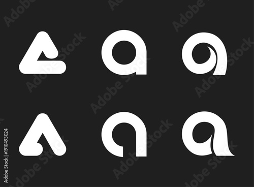 Modern Stylized Lowercase Letter A Logos and Icons Set on Black Background