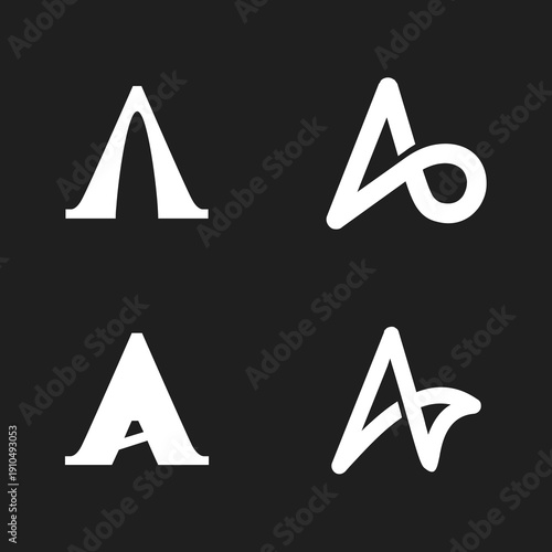 Set of Four Abstract Letter A Logos and Symbols on Black Background
