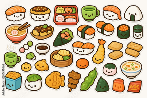 Adorable kawaii japanese food stickers featuring sushi and ramen