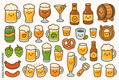 Cute beer and beverage doodles with cheerful faces and beer-themed icons