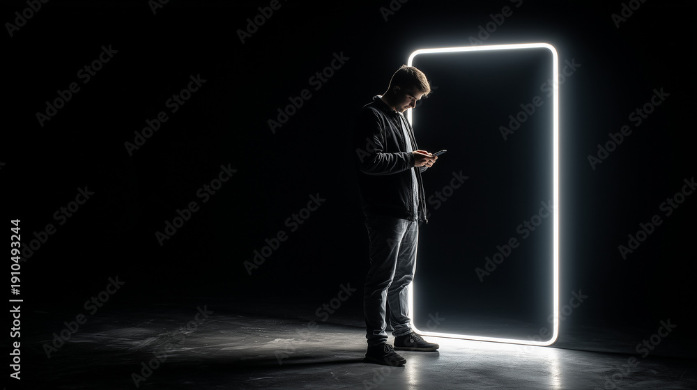 Obraz premium Digital Gateway: A solitary figure, illuminated by the glow of a modern portal, engrossed in their device, hinting at the digital realm's allure.