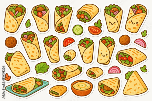 Colorful cartoon wrap and falafel sticker set with vegetables and hummus