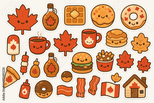 Cute canadian food icons: maple leaf, pancakes, donuts, coffee, and flags