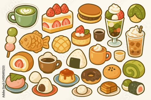 Assorted japanese desserts and beverages in cute cartoon style