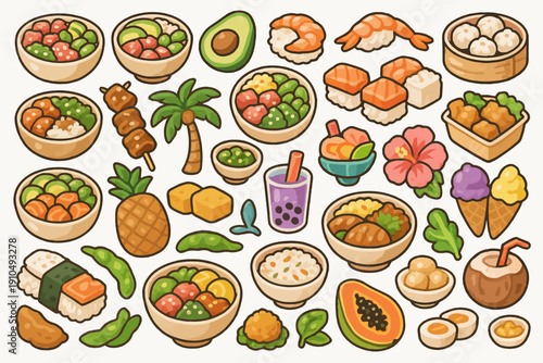 Colorful assortment of asian cuisine patterns with sushi, tropical fruits, and desserts