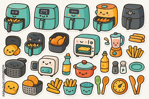 Cute kawaii kitchen appliances and food stickers with air fryer, toaster, blender, and more