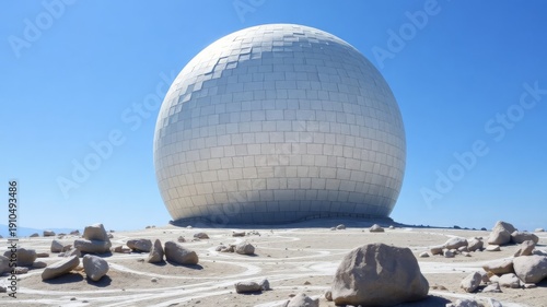 Massive geodesic dome structure in a vast desert landscape under a clear blue sky