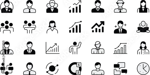 A collection of 20 minimalist black and white icons representing business, people, and growth concepts, suitable for digital and print media
