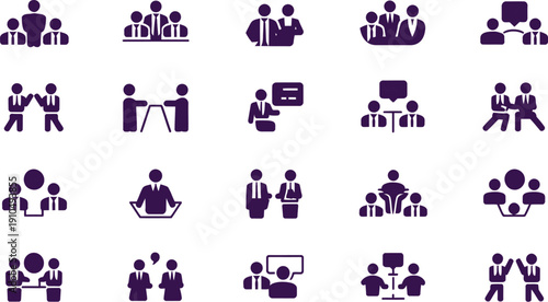 A collection of minimalist icons representing teamwork, meetings, and business collaboration