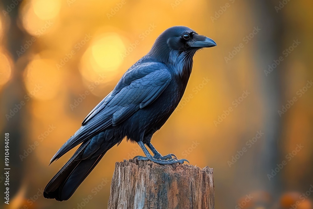 Obraz premium calm watchful black crow perched on a weathered tree stump against warm golden forest bokeh