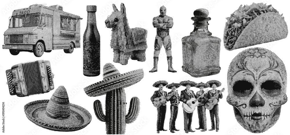 Fototapeta premium Set of mexican cinco de mayo halftone grunge vector design elements