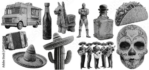 Set of mexican cinco de mayo halftone grunge vector design elements