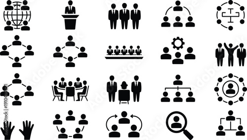 A comprehensive collection of business organization and people management vector icons, illustrating teamwork, communication, leadership, and human resources concepts for corporate use