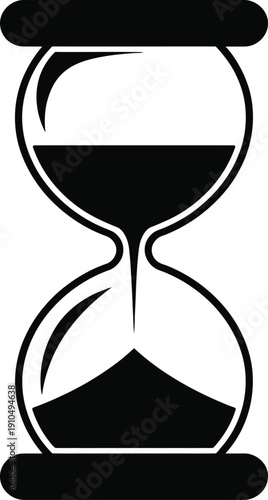 Black and white hourglass vector illustration, representing time management, urgent deadlines, sand flowing, measurement of minutes, history, and waiting, isolated.
