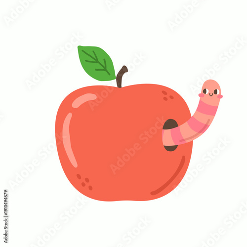 Red apple with a worm. Vector illustration 