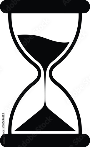 Black and white hourglass vector icon, representing time management, urgent deadlines, sand flowing, measurement of minutes, history, and waiting, isolated.