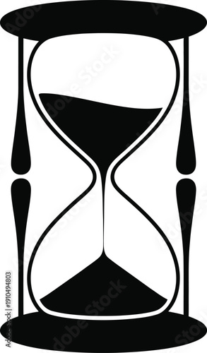 Minimalist black and white hourglass vector icon, representing time management, urgent deadlines, sand flowing, measurement of minutes, history, and waiting, isolated.