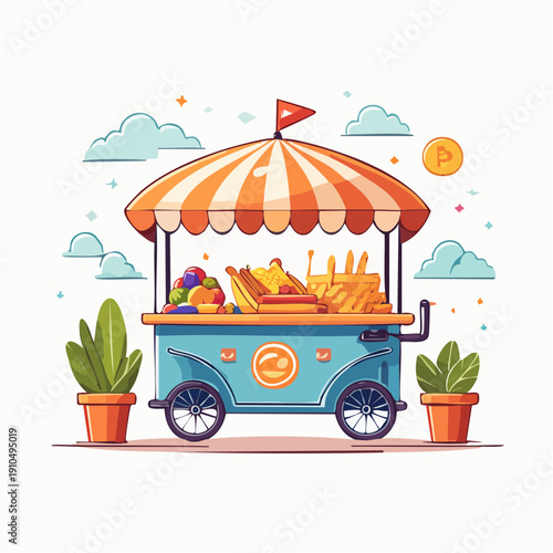 Whimsical Food Cart Displaying Fresh Produce and Delicacies, Offering a Delightful Outdoor Market Experience