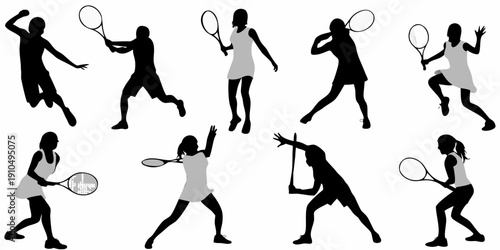 Silhouettes of women playing tennis in various action poses
