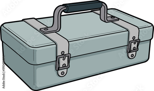 A light blue rectangular metal toolbox with a black handle and gray clasps