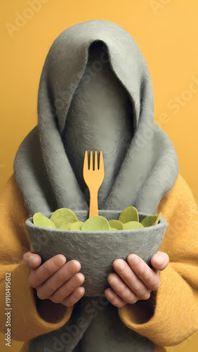 Abstract figure holding bowl of green leaves with yellow backdrop