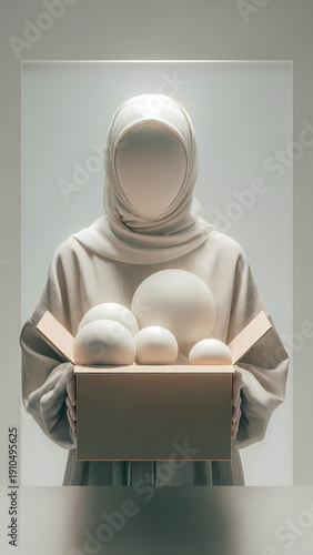 Faceless figure holding a box of white spheres in minimalist setting