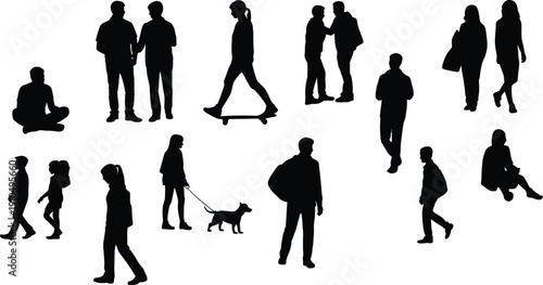 People silhouettes collection isolated on white background, men women and children walking sitting black vector illustration set
