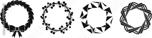 Collection of four distinct circular graphic elements including a traditional holiday wreath a berry branch design a modern geometric shape and an intricate woven border design