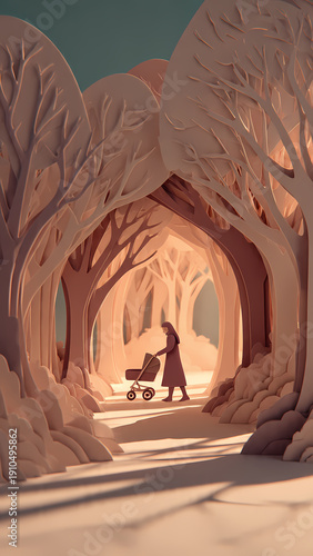 Paper Art of Person with Stroller in Enchanted Forest