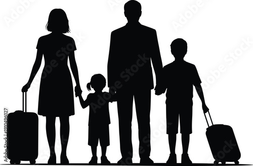 Silhouette of traveling family holding hands with suitcases, parents and children together, concept of travel, vacation, migration, journey, unity, and lifestyle.