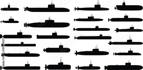 Submarine silhouettes collection isolated on white background, military naval underwater vessels black vector illustration set for defense design