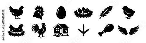 Chicken and Poultry Farm Icons Set – 12 Black Silhouette Symbols on White