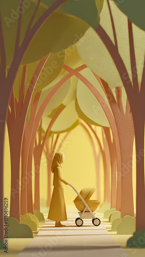 Woman walking with stroller in abstract forest illustration
