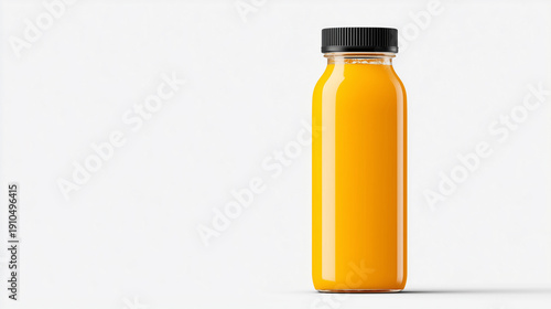 Fresh orange juice in a clear glass bottle mockup with black cap isolated on white background.