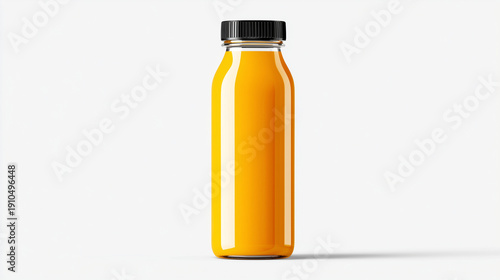 Fresh orange juice in clear glass bottle mockup with black cap isolated on white background.