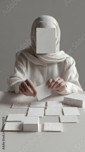 Mysterious figure in white with covered face arranging blank cards