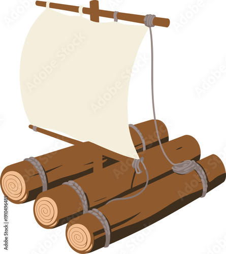 Primitive wooden raft with sail vector illustration, simple survival boat isolated on white background nautical transport concept