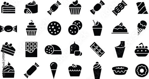 Sweet dessert and candy black silhouette icons collection, bakery pastry cupcake chocolate ice cream cookie vector set isolated on white background