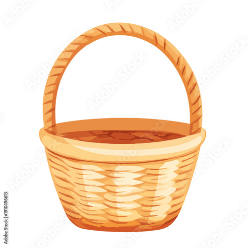 Empty wicker basket vector illustration. Traditional brown wood picnic or harvest hamper with handle, isolated on white. Cartoon style design element.