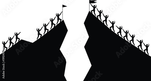 Team Success Mountain Climbing Silhouettes, Business People Celebrating at Summit with Flag Vector Illustration Isolated on White Background for Leadership and Achievement Concept