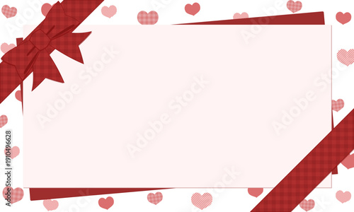 赤いハートとチェック柄リボンのメッセージカード・フレームセット（バレンタイン・誕生日）
